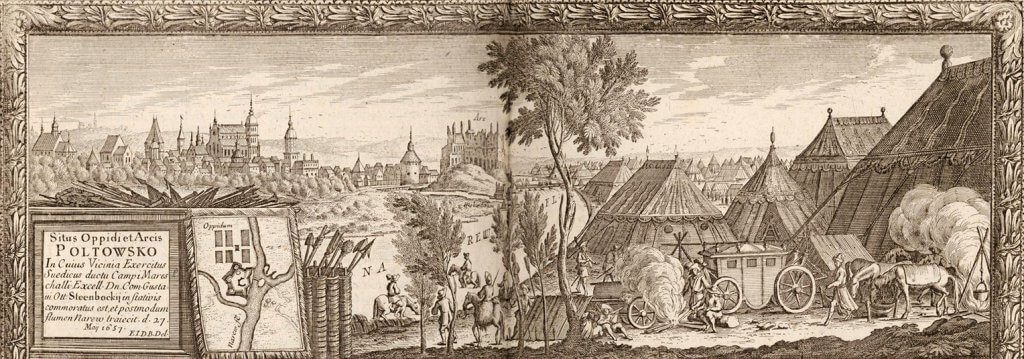 Zamek w Pułtusku - widok na miasto -na sztychu Erika Danhlgergha z dzieła Samuela Pufendorfa 'De rebus a Carolo Gustavo gestis' - 1656r.