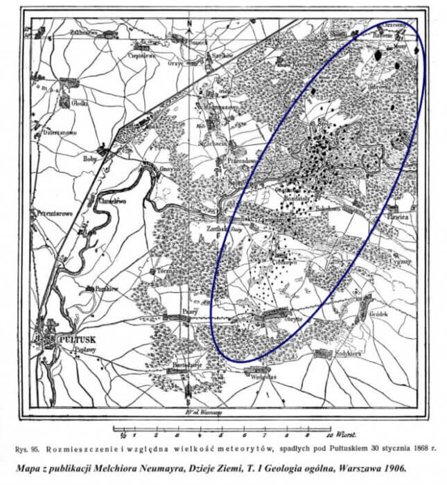 Pułtusk - czarno biała mapa deszczu meteorytów