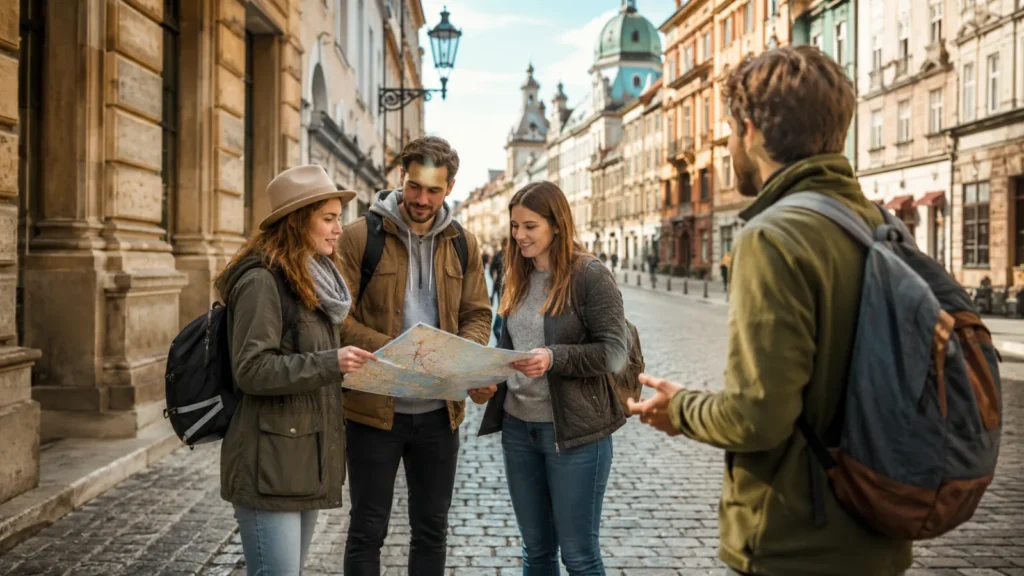Osoby w wygodnym ubraniu podczas zwiedzania miasta z mapą i małym plecakiem