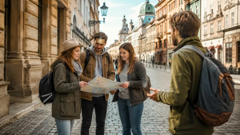 Osoby w wygodnym ubraniu podczas zwiedzania miasta z mapą i małym plecakiem
