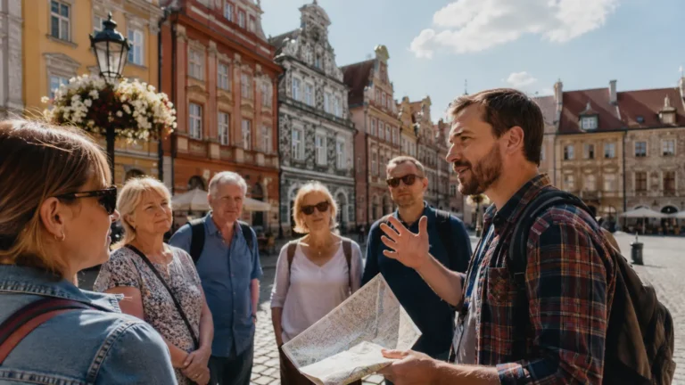 Przewodnik turystyczny oprowadzający grupę po mieście